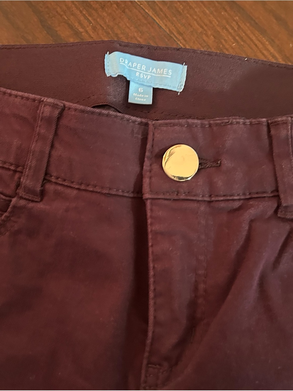 Draper James Burgundy High-Rise RSVP Pants with Gold Button